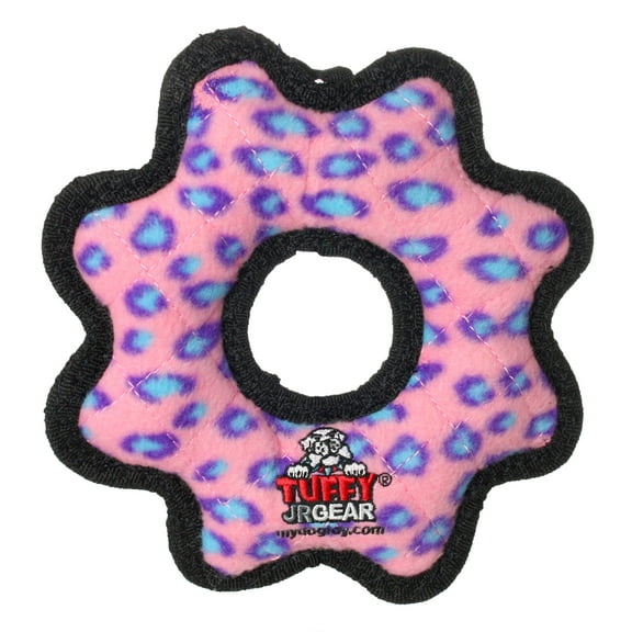 Tuffy Jr Gear Ring Pink Leopard Durable Plush Squeaky Dog Toy