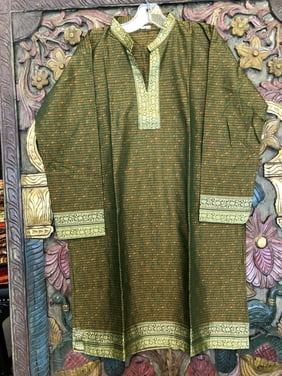 Mogul Women Green Long Dress 3/4 Sleeves Mandarin Collar Ethnic Wear Indian Fashion Summer Comfy Tunic M