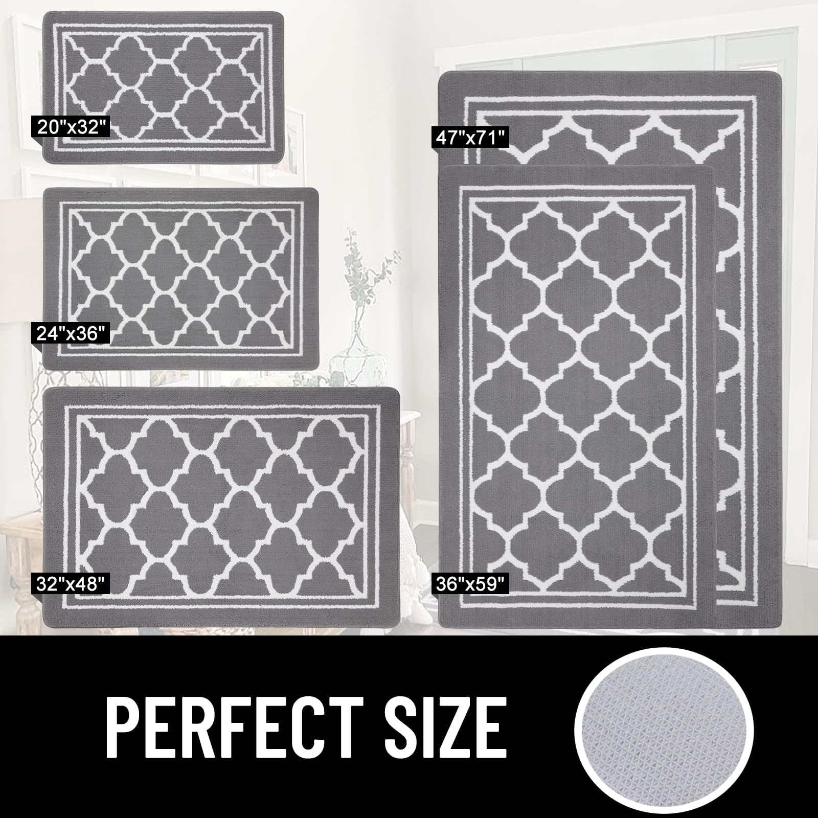 Buganda Door Mats Indoor, 24"×36", Water Absorbent Low Profile Anti-Slip Front Door Mat, Door Rugs for Entrance, Grey