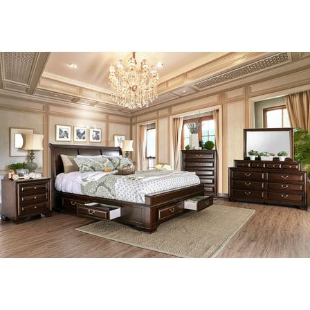 Transitional 4pc Set Brown Cherry Bedroom Furniture California King Size Bed Dresser Mirror Nightstand Storage Bed Wood Inlay Design