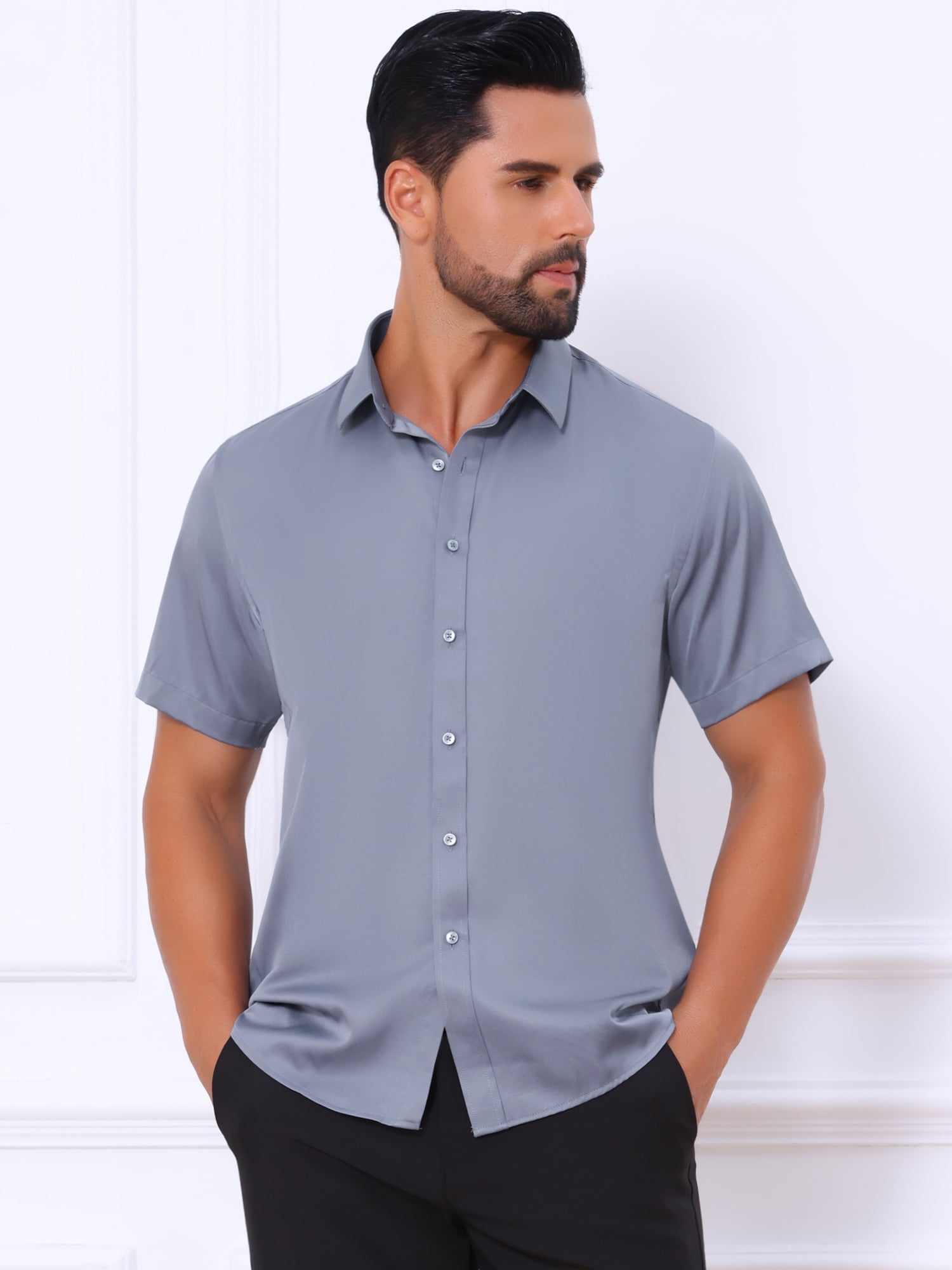 Unique Bargains Men's Short Sleeve Lightweight Business Formal Button Down Shirt S Gray