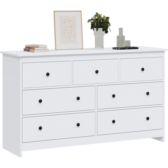 LYNSOM Dresser for Bedroom, 7 Drawer Dresser with Metal Handles, Modern Wood Chest of Drawers for for Living Room, Entryway and Hallway, White