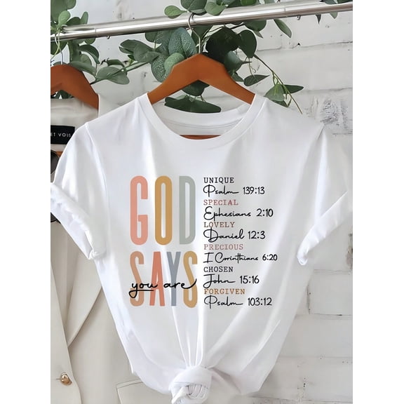 Women' God Says Bible Verse Print Black TShirt Crew Neck Casual Cotton Tee Medium Stretch Knit Fabric Regular Fit For Female Ladies