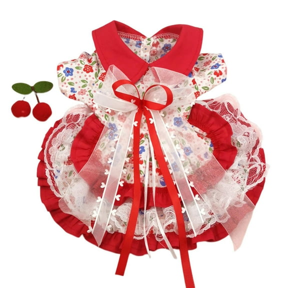 Visland Cat Princess Skirt Lace Stitching Bowknot Floral Print Two-legged Pet Dog Cat Lolita Skirt with Cherry Hair Clip Pet Supplies