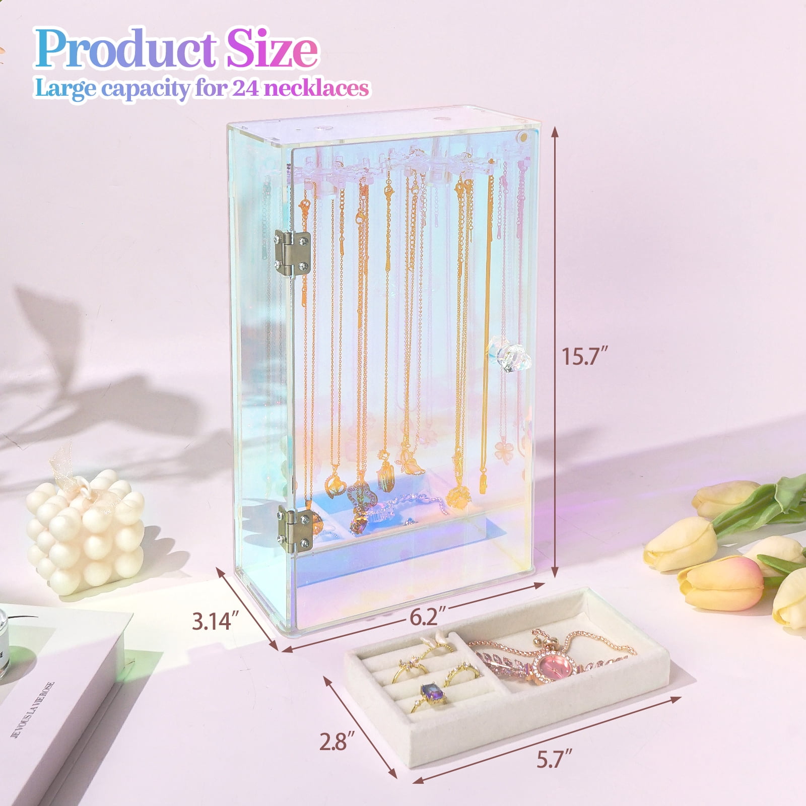 Haturi Iridescent Necklace Organizer, Acrylic Necklace Holder w/Velvet Tray, Dustproof Rotation Jewelry Holder Organizer Display Stand Box Hanger, Necklaces Ring Bracelet Case, Gift for Women, Girl