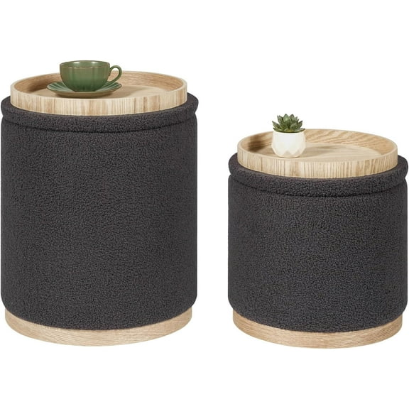 Round Ottoman with Storage Set of 2, Storage Ottoman with Tray, Teddy Velvet Ottoman Storage Modern Multifunctional Foot Rest Stool for Bedroom, Living Room, Dorm (Dark Grey)