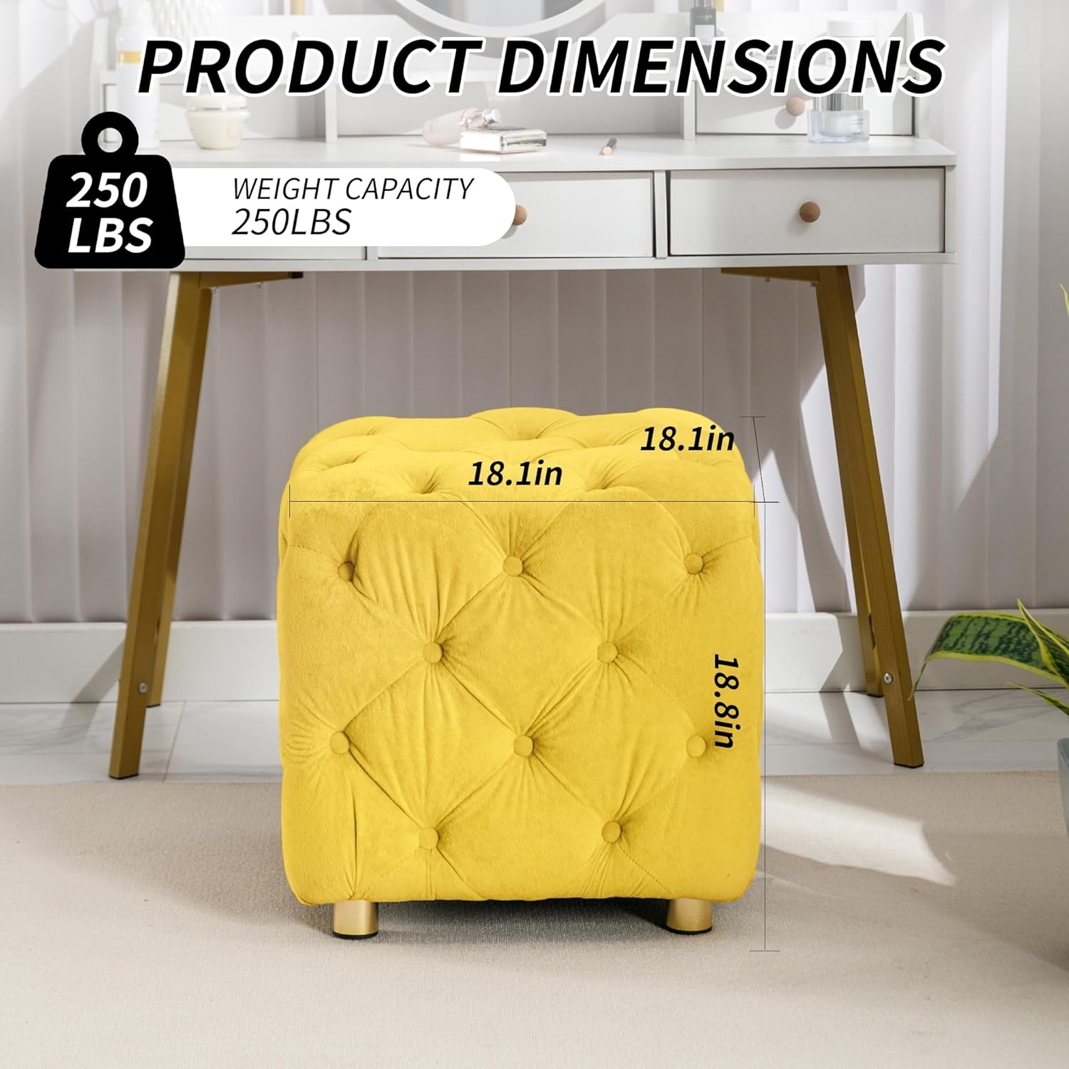 LEHZROAJ Button Tufted Velvet Vanity Stool with Metal Legs, Modern Makeup Ottoman, Upholstered Foot Rest Footstool for Living Room Bedroom（Yellow）