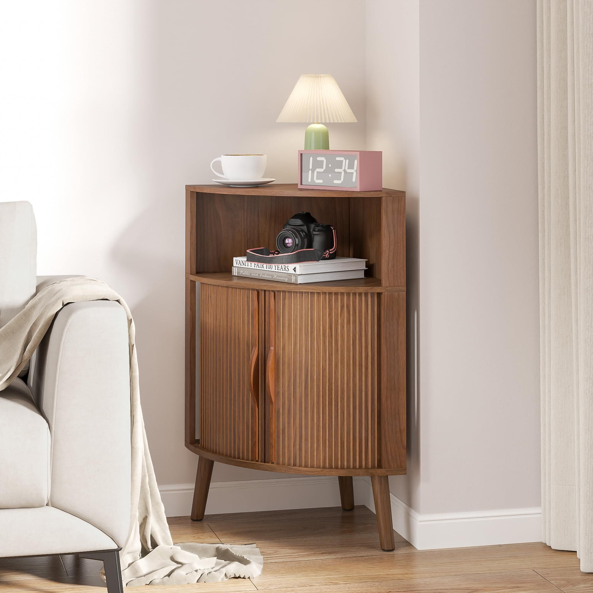 Bathroom Storage Cabinet, 31.5" Narrow Floor Corner Storage Cabinet with Fluted Doors & Shelves, Walnut