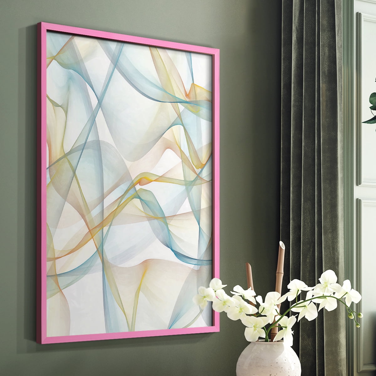 Curves and Waves IV Framed Print in Pink Solid Wood Framed Print No Nail Hanging