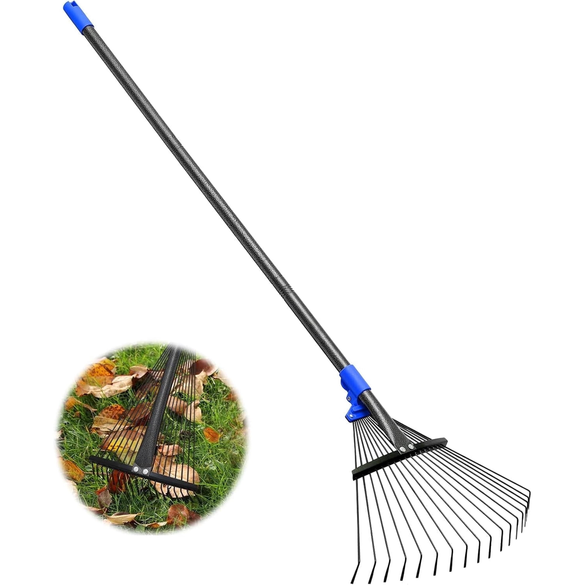 LCOKEIY Adjustable Steel Leaf Rake with Expandable Head, Yard Rake for Lawn, 53" Comfort Handle