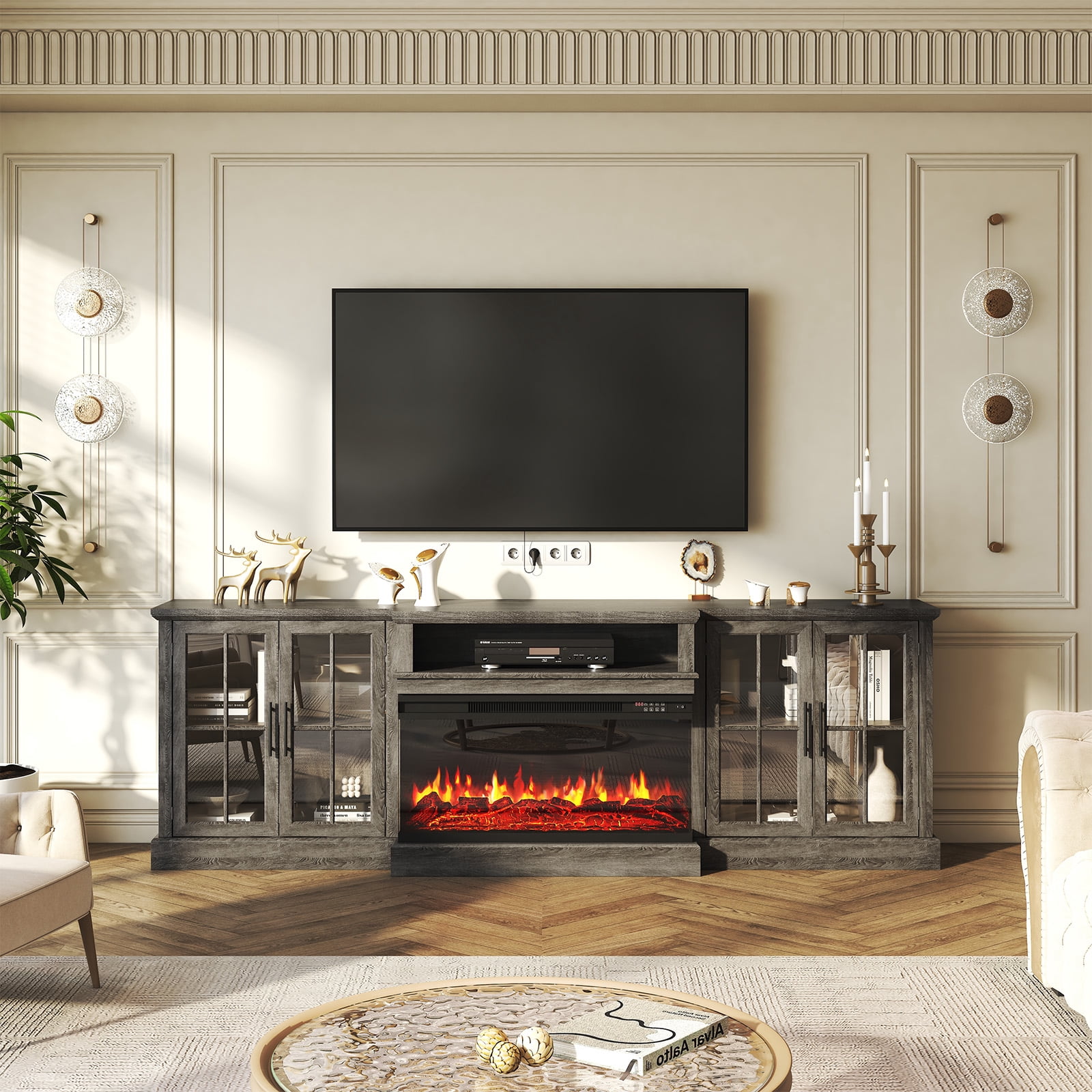 BaPiPro 98" Farmhouse TV Stand with 36" Electric Fireplace, Large Media Entertainment Center for TVs up to 100", Fireplace TV Stand with Storage Cabinets for Living Room, Gray