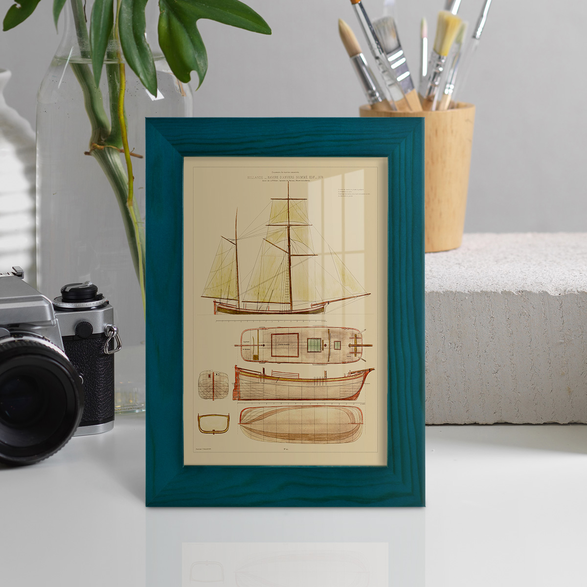 Antique Ship Plan IV -Framed Print w/glass-Ocean Blue