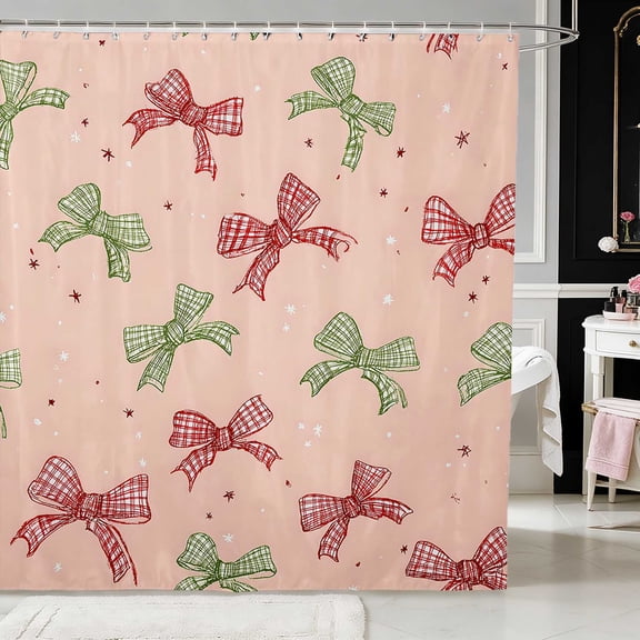 Erosebridal Christmas Plaid Bow Shower Curtain 72Wx72L for Girls, Holiday Red Green Tartan Waterproof Bathroom Curtain