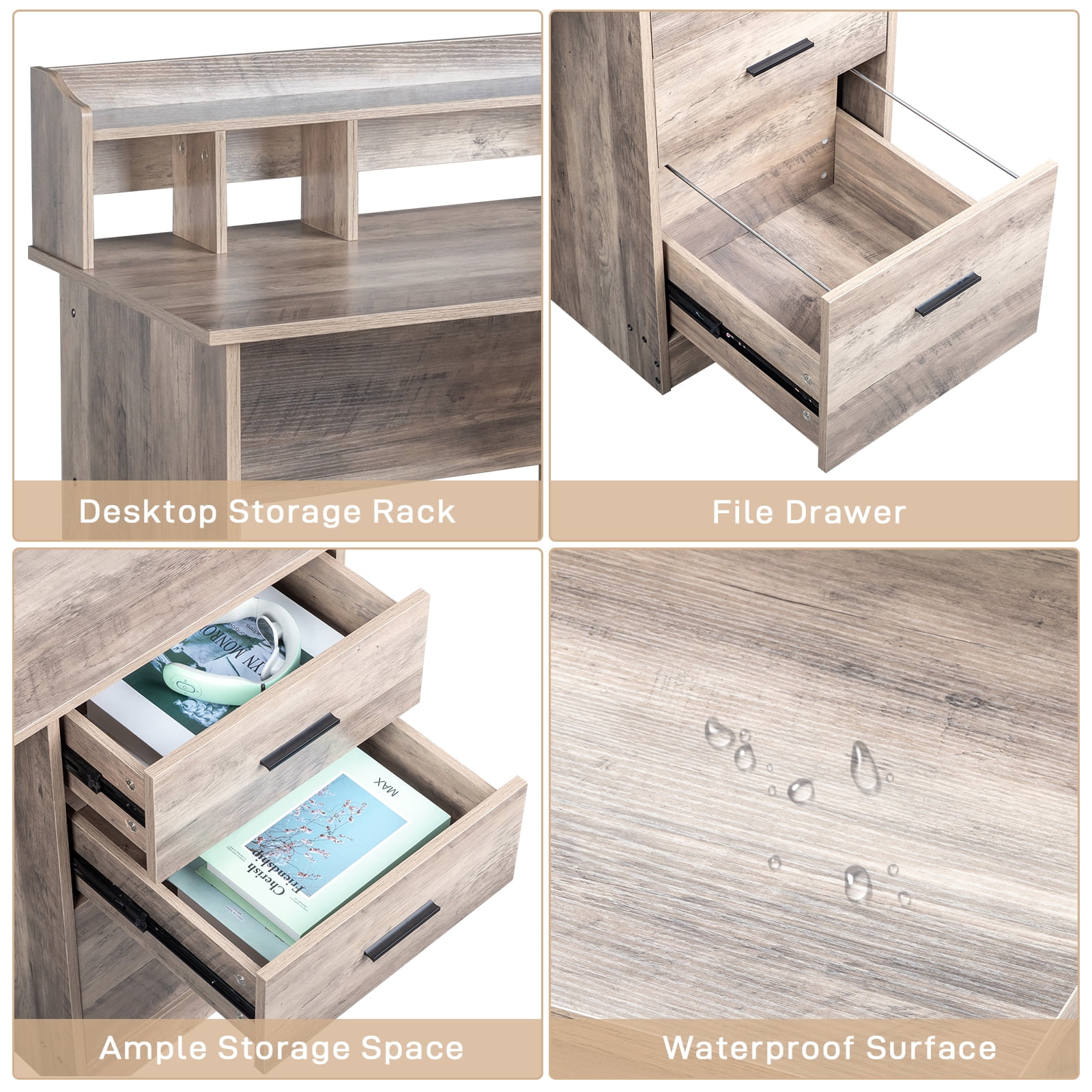 Ktaxon Gaming Desk with 3 Drawers, Computer Desk with Desktop Storage Rack&Anti-slip Separator for Home Office, Oak