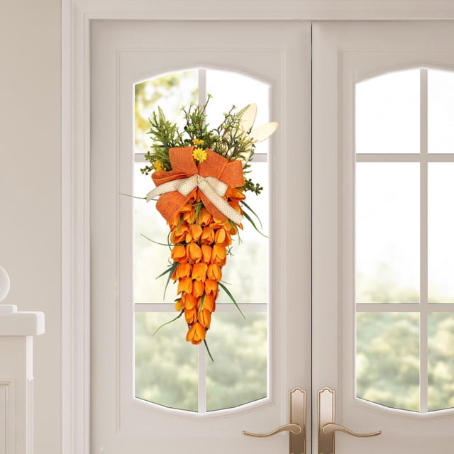 Elodie Spring Flower Wreath Carrot Easter Teardrop Swag for Wall Home Holiday Large with Bunny