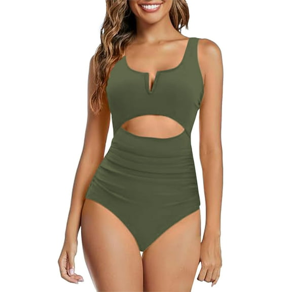 MSJUHEG One Piece Bathing Suit for Women,Tummy Control Swimsuits for Women,Swimsuits for Women 2025,V Neck,High Waisted Bathing Suit,Push Up Swimsuits for Women,Cross Back Army Green L