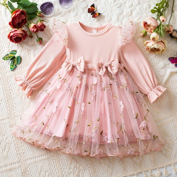 Summer Easter Dresses Short Sleeved Small Floral Princess Style Cute Summer Dresses for Girls Elastic Waist for Holiday Party (Pink,12-18 Months)