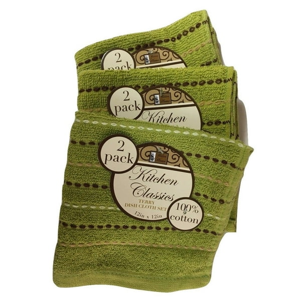 Set of 6 Cotton Striped Kitchen Dish Cloths, Green