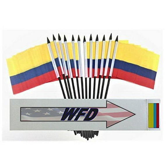 Pack of 12 4"x6" Colombia Polyester Miniature Office Desk & Little Table Flags, 1 Dozen 4"x 6" Colombian Small Mini Hand Waving Stick Flags (Flags Only)