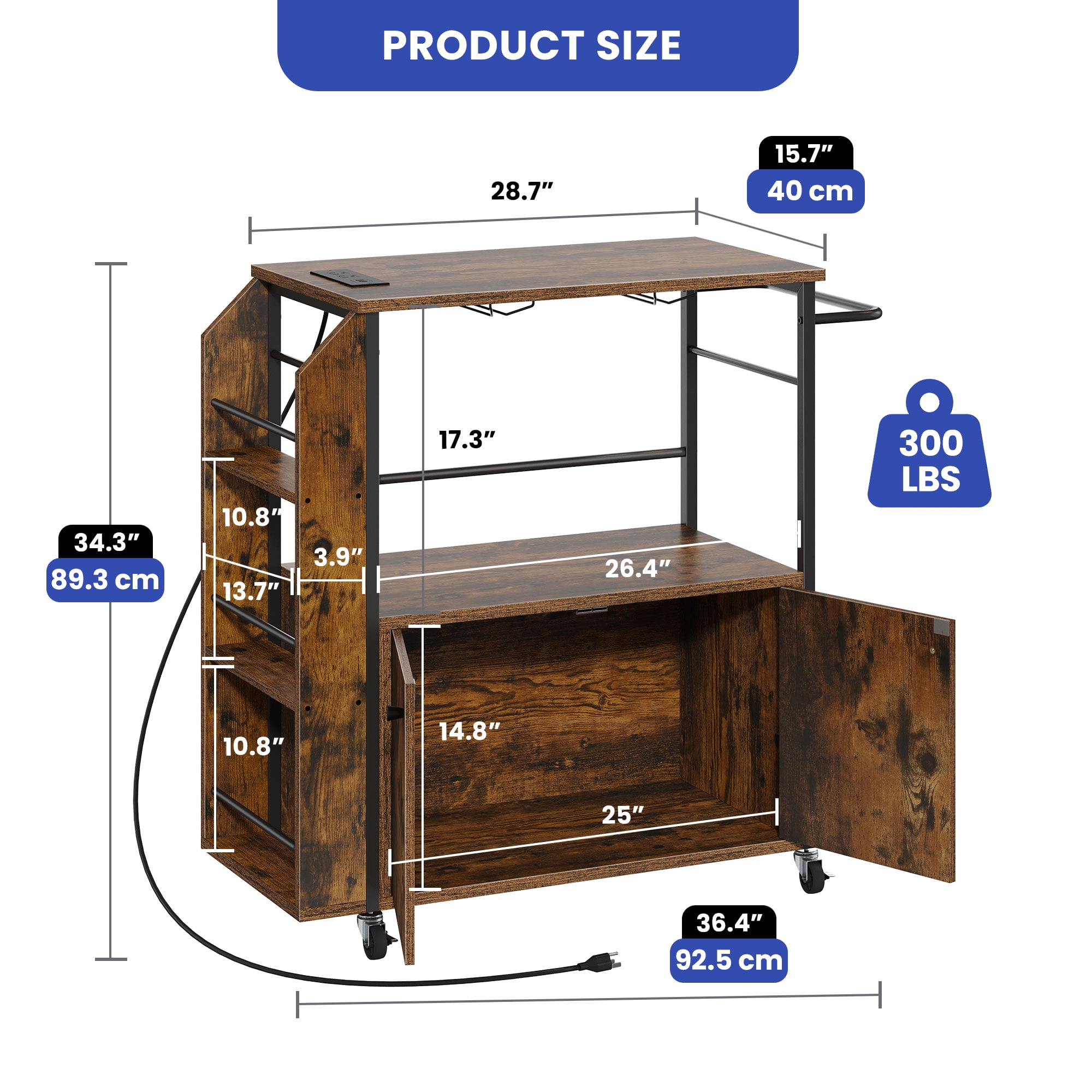 ModFusion 36" Modern Rolling Kitchen Island Cart with Power Outlet, Microwave Stand, Spice Rack, Open Shelves & Swivel Casters – Kitchen Serving & Storage Cart