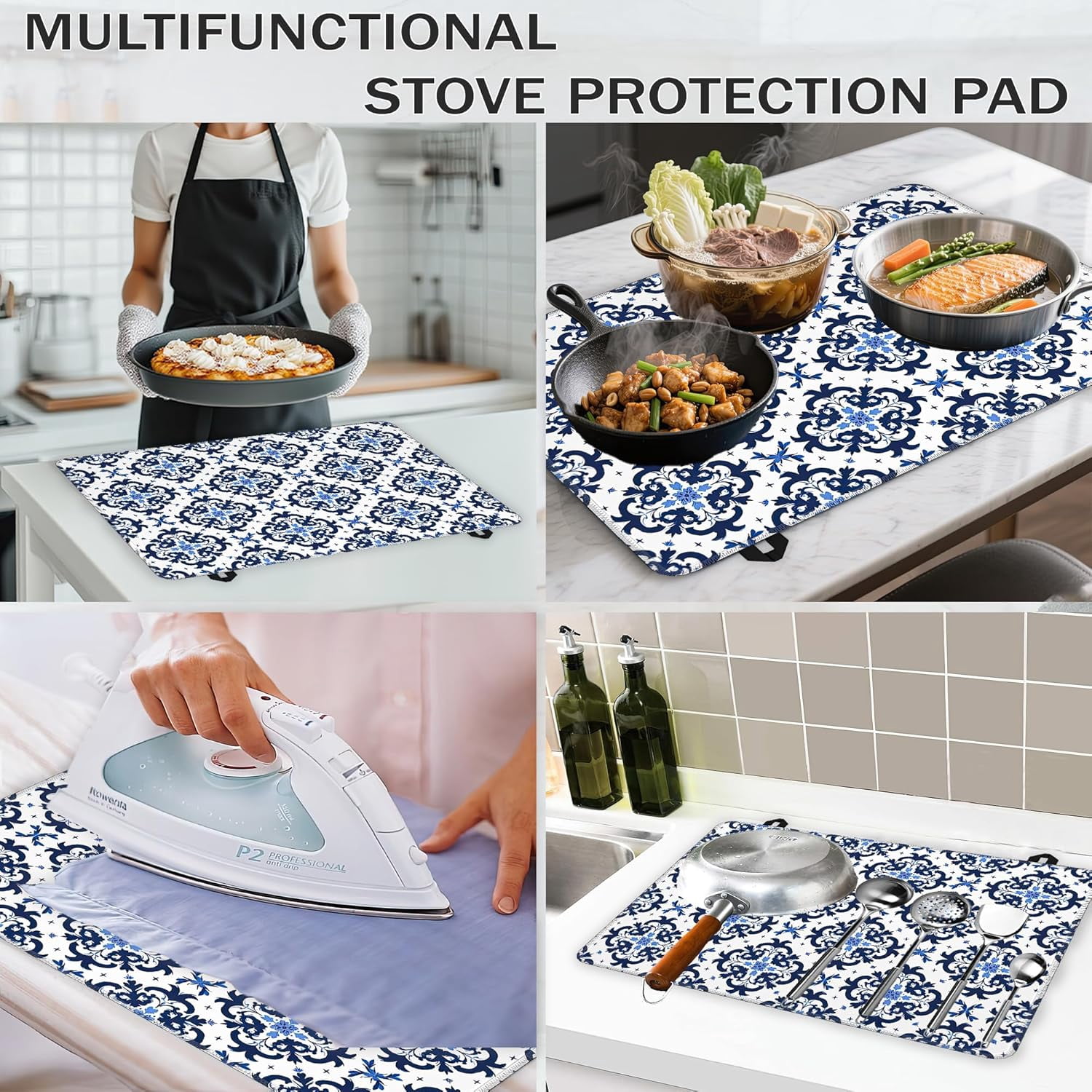 Stove Top Covers for Electric Stove,Blue Tile Flat Top Stove Cover,Modern Geometric Heat Resistant Glass Top Stove Cover Protector Anti-Slip Range Covers, 28 x 20 Inch