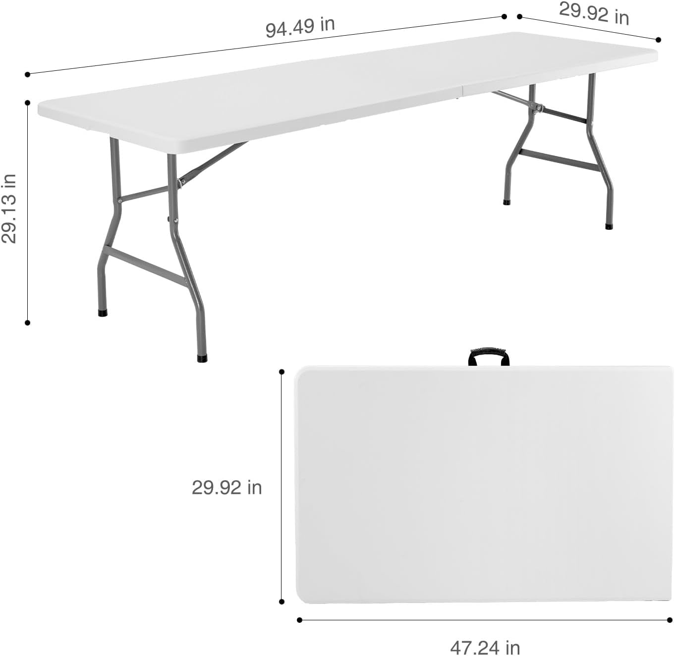 8 Feet Foldable Table, Portable Plastic Desk with Built in Handle, Steel Legs | Perfect for Party, Dining, Wedding, Events, Picnic Indoor, Outdoor, Camping, Utility, Folding