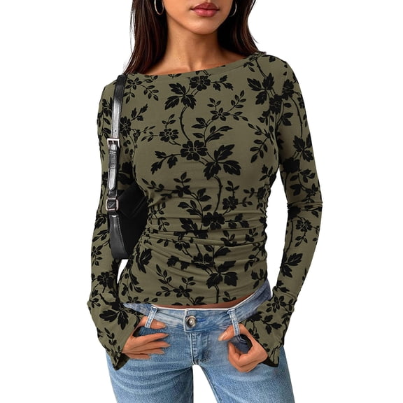 Women Long Sleeve Floral Mesh Tops Blouse Trendy Boat Neck Ruched Fitted Shirt Going Out Outfits Green XS