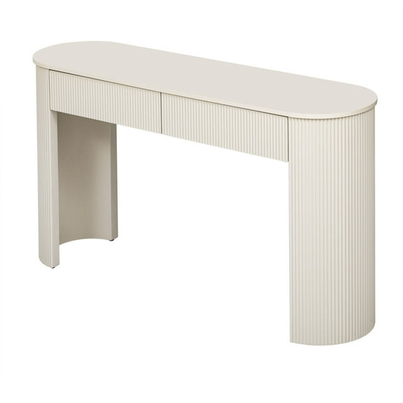 Modern Console Table with Fluted Design and Storage, Oval Top Entryway Table with 2 Drawers for Living Room & Hallway (Champagne White)
