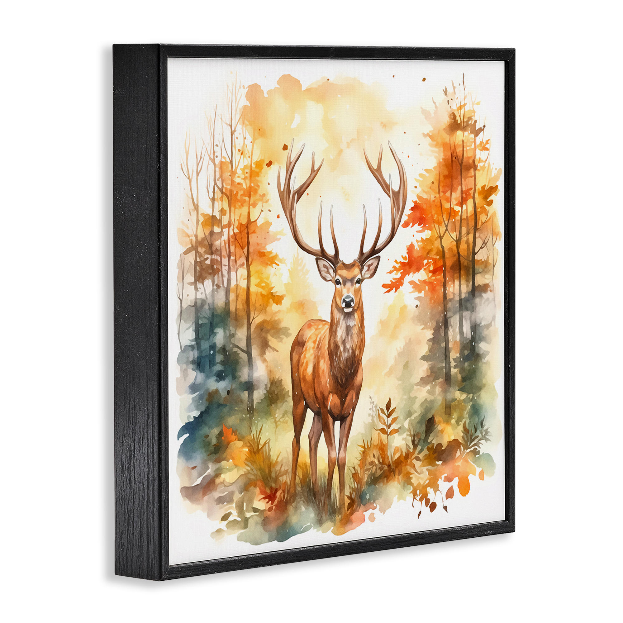 Stupell Industries Autumn Forest Stag Landscape Painting Black Framed Art Print Wall Art, 17 x 17