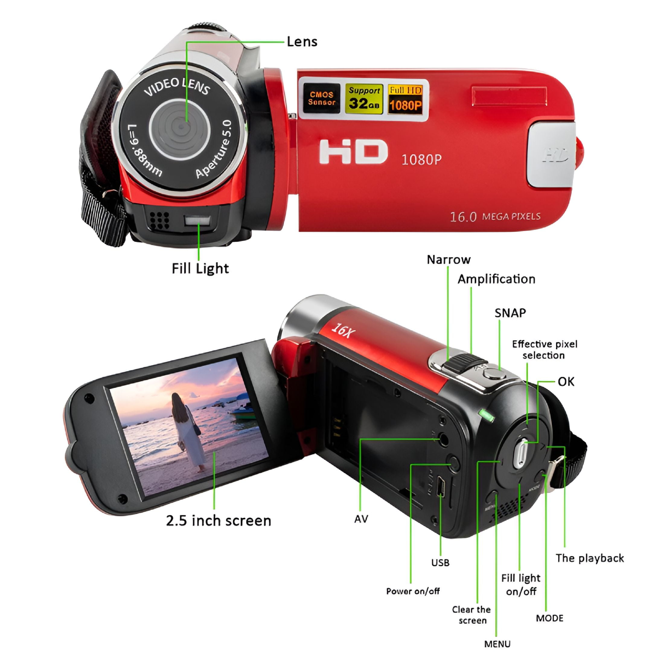 GJX Video Camera Camcorder Vlogging Camera Full HD 1080P Digital Camera（Red）