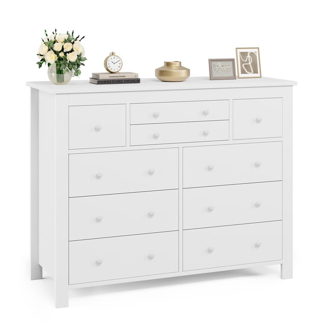 Ourlova Commode Longue en Bois à 10 Tiroirs de 47 Pouces de Large, Blanche