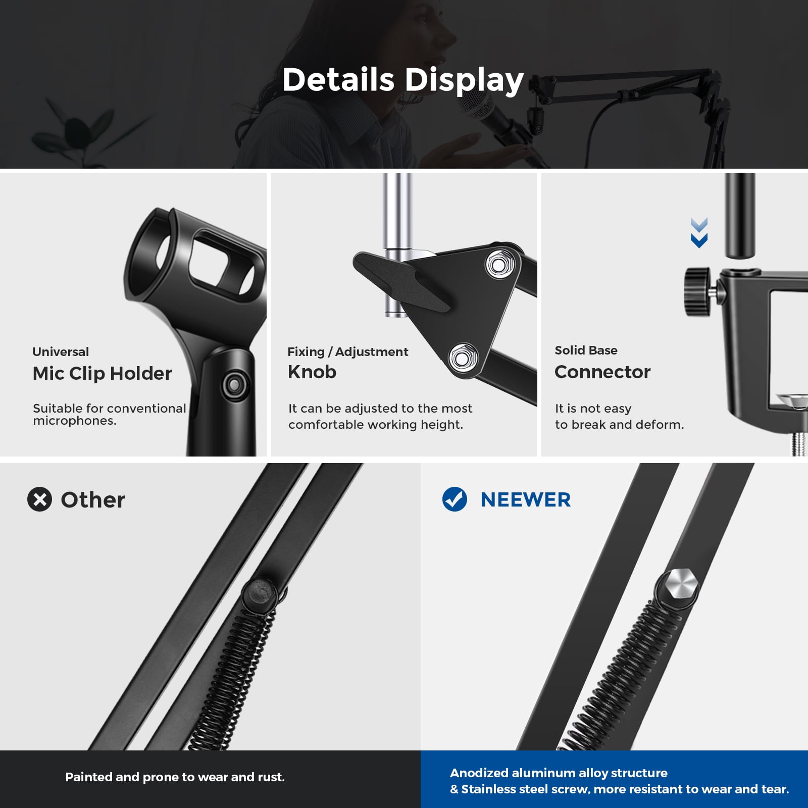 Neewer Microphone Arm, Mic Arm Microphone Stand Boom Suspension Scissor Stand with 3/8" to 5/8" Screw Adapter and Cable Ties Compatible with Blue Yeti, Snowball, Yeti X and Other Mics, Max Load 1.5KG