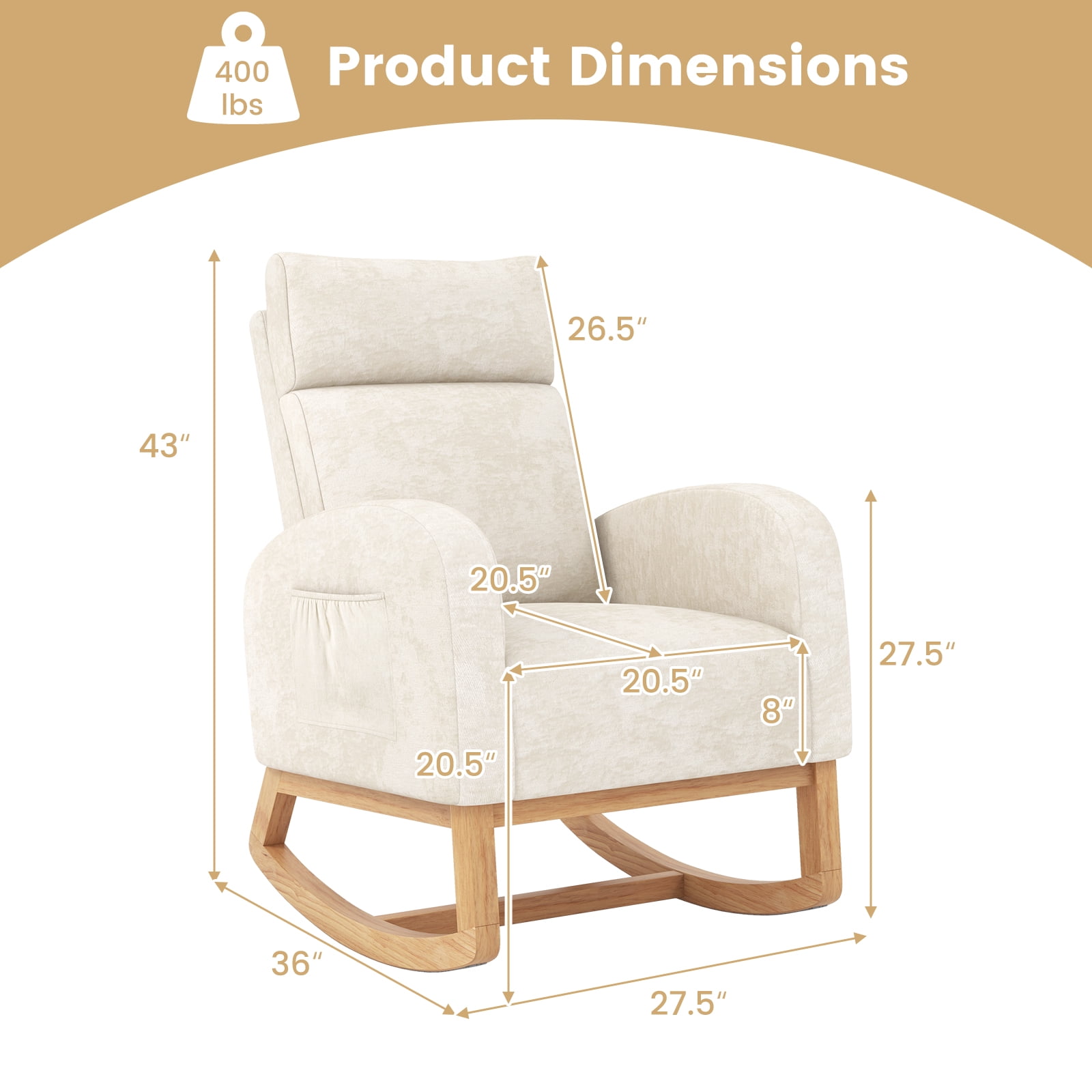 Gymax 2PCS Nursery Rocking Chair Upholstered Chenille Rocker Armchair w/ Side Pocket