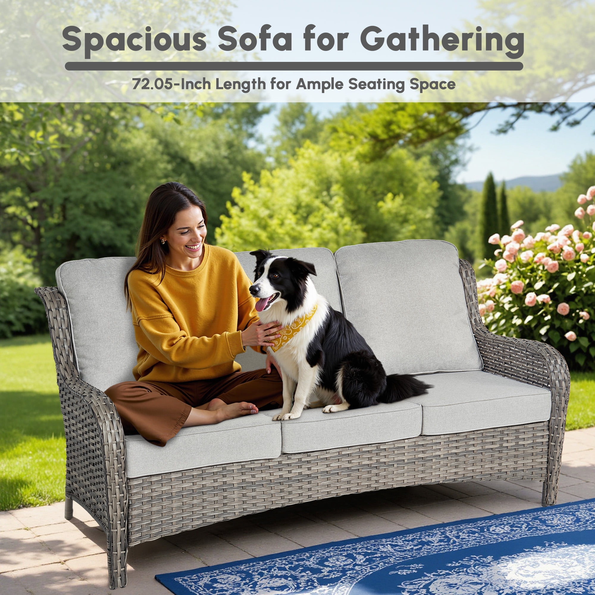 Ovios 7 Pieces Patio Furniture Set High Back All-Weather Wicker Sectional Outdoor Conversation Set with Swivel Chairs & Solar-Powered Coffee Table for Deck, Backyard, or Garden, Denim blue