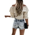 thumbnail image 3 of Sedceaty Women Fashion Wild Shirts Solid Color Boat-Neck Off-Shoulder Half Sleeve Chiffon Blouses Summer Casual Ruffles Tie-Up Tops, 3 of 6