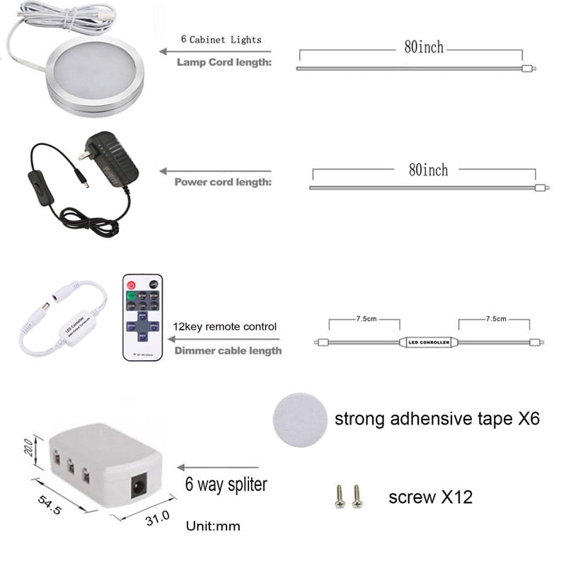 AIBOO Dimmable LED Under Cabinet Lighting, Counter Showcase Kitchen Lighting Fixtures with 12V Plug in adapter and Dimmable Wireless Remote Control, 6 Ultra Slim Puck Lights Kit