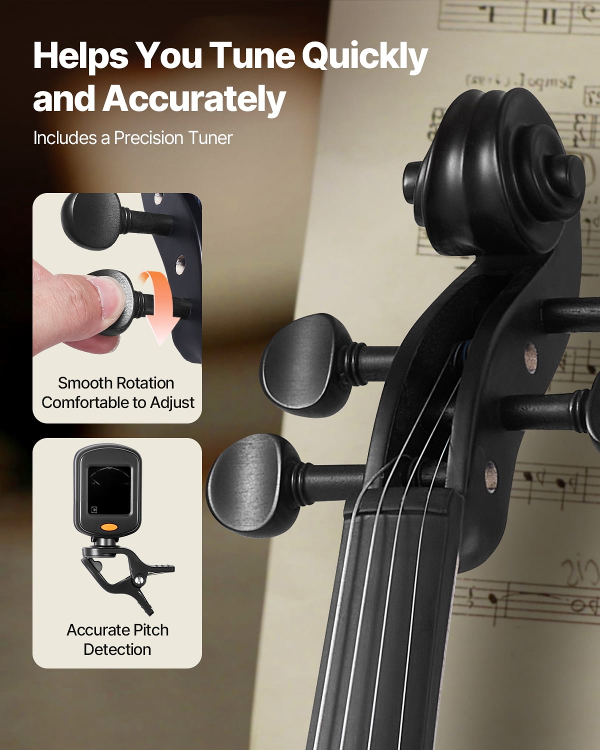 VEVOR Violin 4/4 Full Size for Adults, Violin Fiddle Set for Beginners Student with Hard Case, Rosin, Bow, Shoulder Rest, Bridge, Tuner and Extra Strings, Professional Solidwood Instruments (Black)