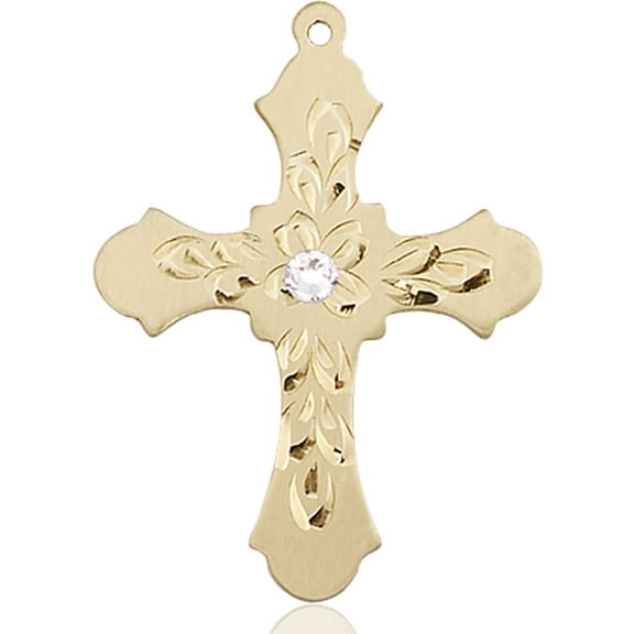 14kt Yellow Gold Cross Medal with 3mm April Swarovski Crystal 1 1/4 x 7/8 inches