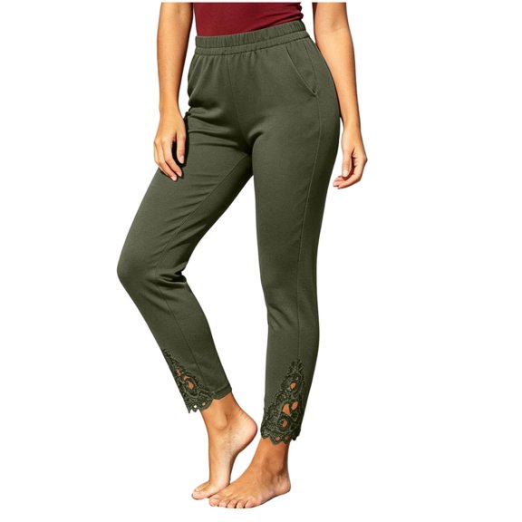ZHYou No Boundarie Leggings for Women Lace Hem High Waist Stretch Slim Fit Ankle Length Yoga Cropped Pants,Army Green,Size 2XL