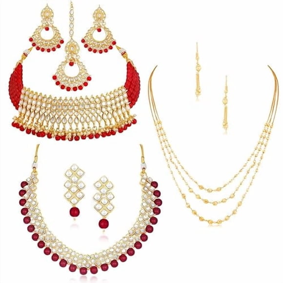Sensational Pearl Gold Plated Kundan Combo Necklace Set With Earring & Maang Tika For Women