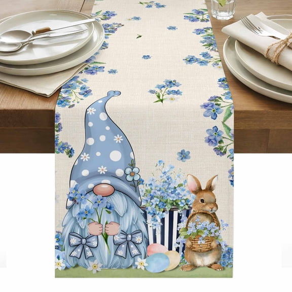 Easter Table Runner - 72 Inch Long, Kitchen Dining Table Runner Dresser Scarves, Farmhouse Retro Spring Rabbits Gnomes Blue Flowers Farmhouse Decor for Coffee Tables Wedding Party Banquet