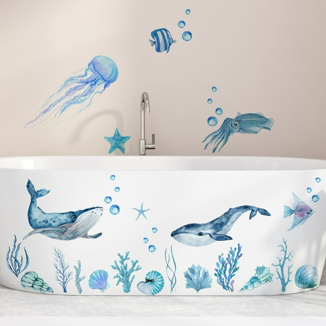 Pegatinas de pared Animales submarinos Algas Medusas Pegatinas de pared Pegatinas de bañera Fondo de pared Decoración de baño Pegatinas de pared