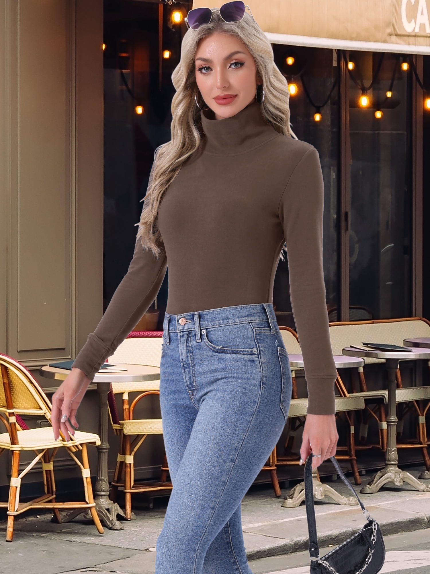 DARING DIVA Women's Mock Turtle Long Sleeve Shirts Fall Winter Warm Top M Coffee
