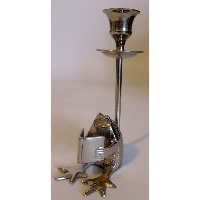 Solid Brass Nickel Plated Taper Candle Holder w/ Frog Reading Book