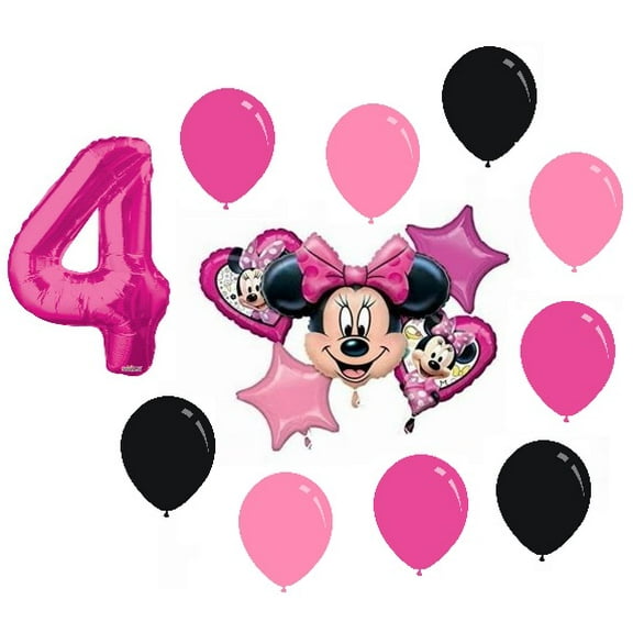 Minnie Mouse 4th Birthday Party Mylar Balloons Supplies Bundle Set