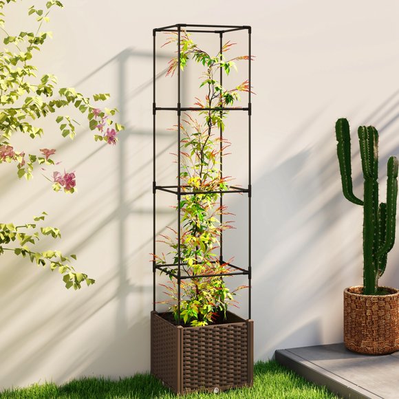 JWRWEFA Raised Garden Bed with Trellis, 71.7" Tall Tomato Cage with Self-Watering System & Lockable Wheels, Outdoor Planter Box for Climbing Plants, Brown