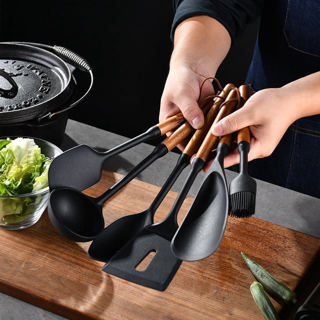 COM1950s 7 Piece Silicone Kitchen Utensils Set with Wooden Handles,Heat Resistant Non-Stick Cooking Tools,Includes Spatula,Slotted Spoon,Soup Ladle,Turner,Basting Brush for Daily Cooking