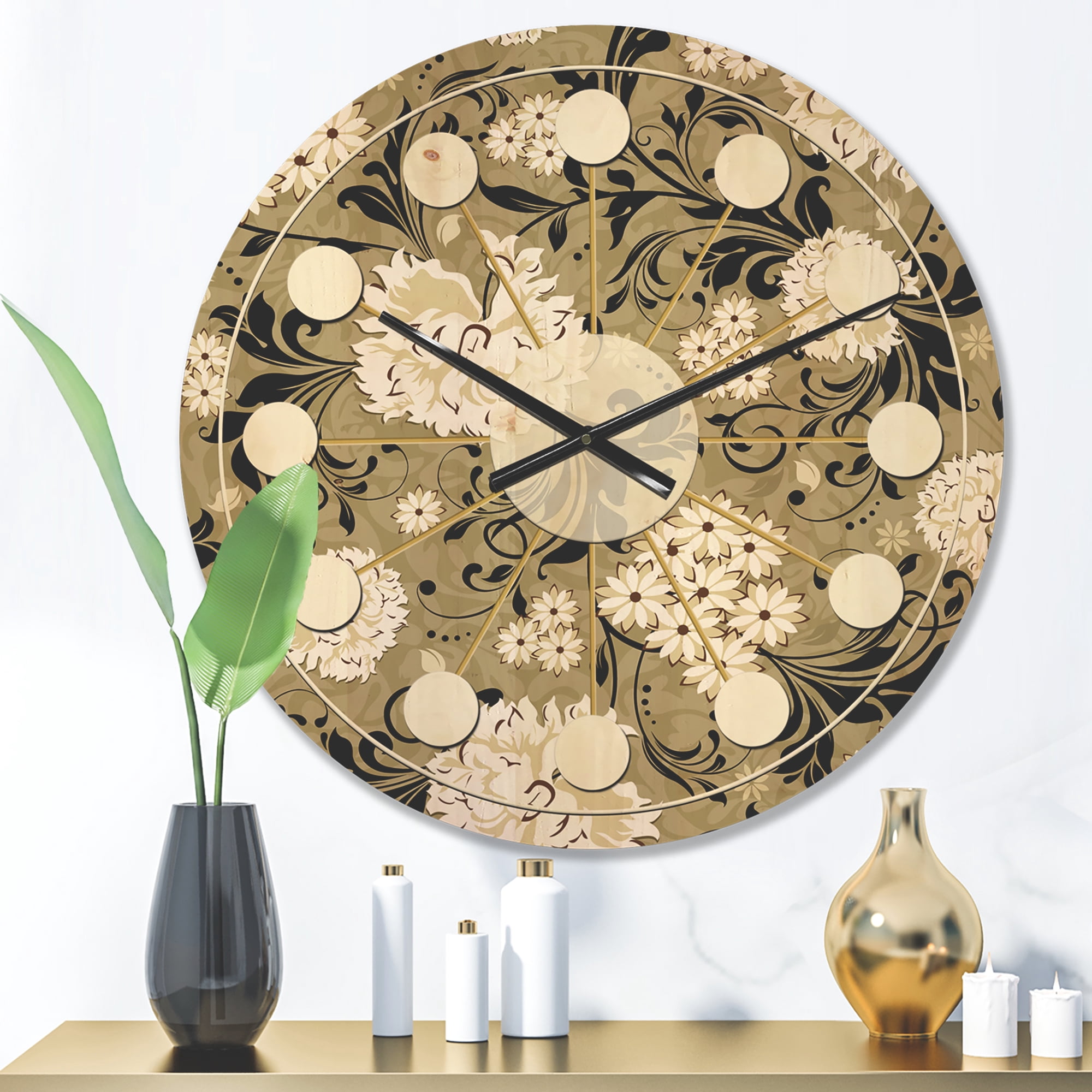 Designart 'Abstract Retro Florals' Mid-Century Modern Wood Wall Clock