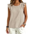thumbnail image 2 of HomeDM Summer Tank Tops for Women Cotton Ruffled Sleeveless Crew Neck Casual Loose Fit T-Shirts Beige Size L, 2 of 7