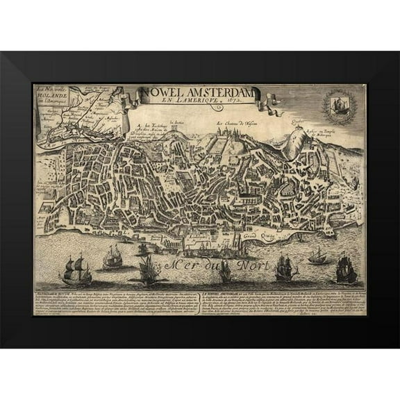 Vintage Maps 14x11 Black Modern Framed Museum Art Print Titled - New Amsterdam in the Americas 1672